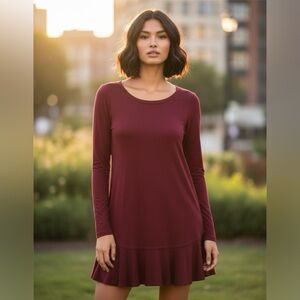 Popana Red Ruffled A-Line Long Sleeve Dress